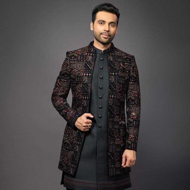 Black Color Designer Silk Fabric Wedding Wear Readymade Indo Western For Men - Black _ Silk _ 44